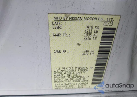 2015 Nissan Altima 2.5/S/Sv/Sl from USA, damaged, VIN 1N4AL3AP8FN400804